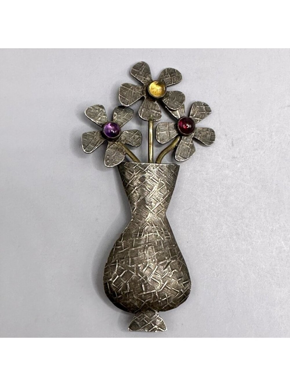 Mod Textured Vase Bouquet Brooch Glass Cabochons Mixed Metal Sterling Silver